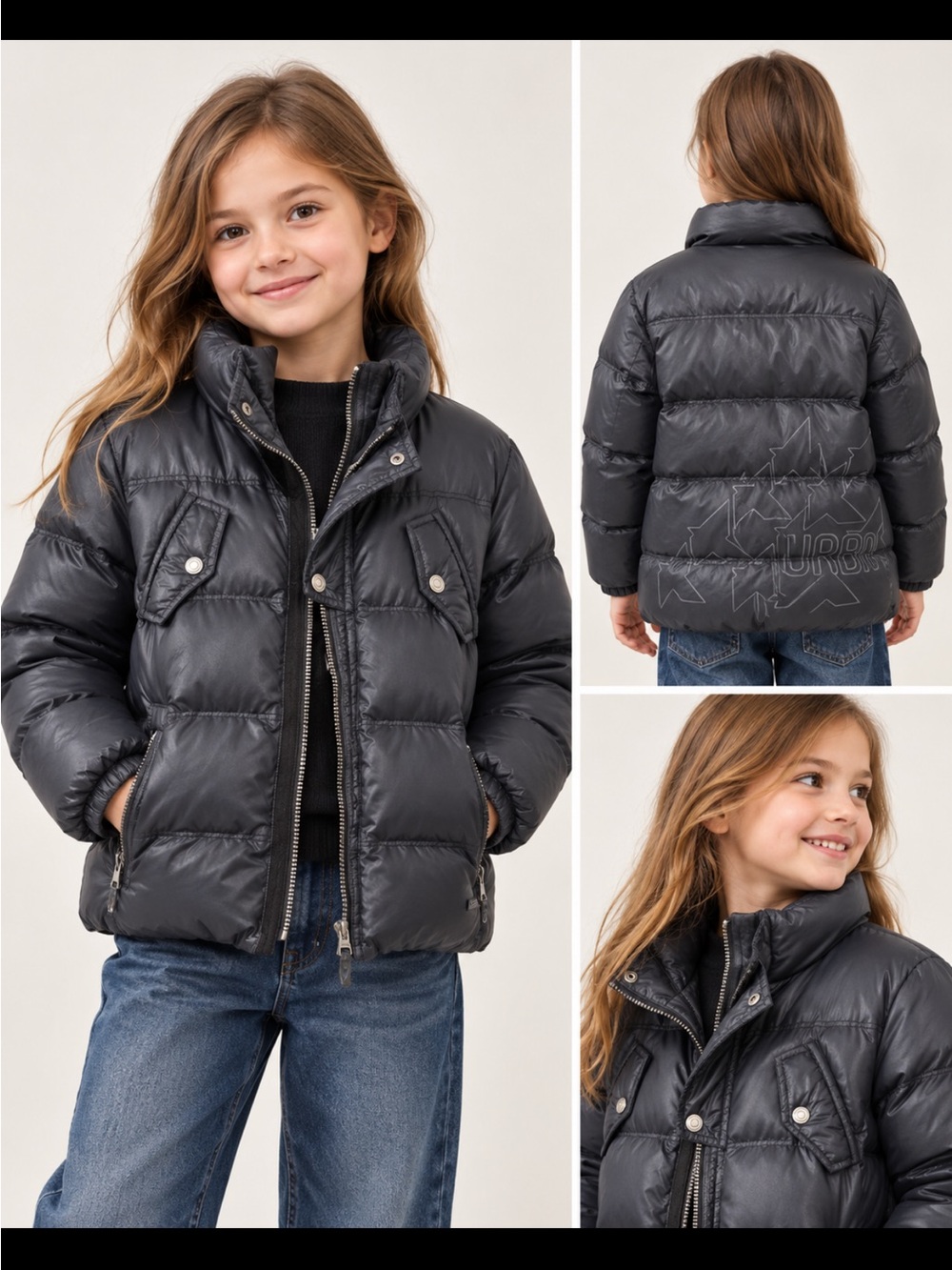Kids Black Quilted Puffer Jacket with High Collar
